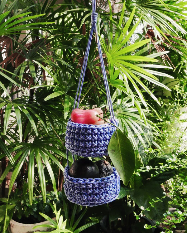 "Pinto" Wavy blue basket is hanging beautifully at home garden carrying fresh exotic fruits 